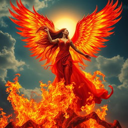 A powerful woman rising dramatically from roaring flames, her long, flowing hair merging seamlessly with magnificent fiery phoenix wings