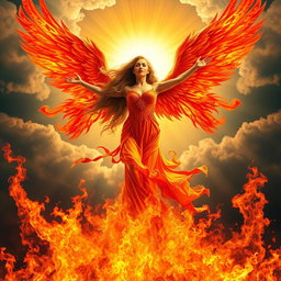 A powerful woman rising dramatically from roaring flames, her long, flowing hair merging seamlessly with magnificent fiery phoenix wings