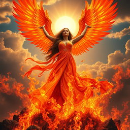 A powerful woman rising dramatically from roaring flames, her long, flowing hair merging seamlessly with magnificent fiery phoenix wings