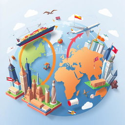 An illustration depicting the theory of international business counter-players, showcasing various global markets interacting with each other
