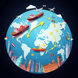 An illustration depicting the theory of international business counter-players, showcasing various global markets interacting with each other