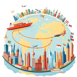 An illustration depicting the theory of international business counter-players, showcasing various global markets interacting with each other