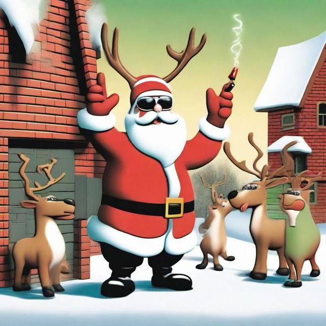 A humorous scene of a tipsy Santa Claus clumsily exiting a chimney, his reindeer equipped with men in black style memory erasers and wearing sunglasses. The reindeer are standing upright, casually smoking as an annoyed parent yells about the noise in the background.