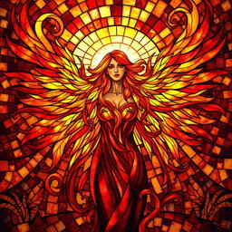 A radiant female figure with arms outstretched, enveloped in swirling flames that elegantly form the magnificent wings of a phoenix