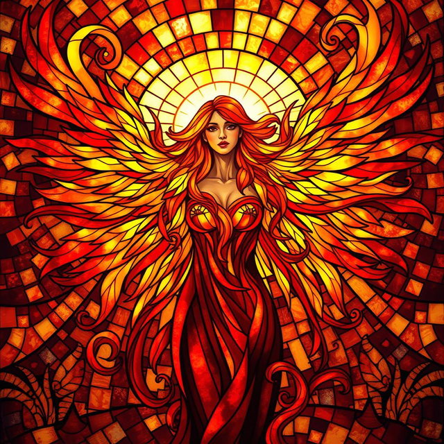 A radiant female figure with arms outstretched, enveloped in swirling flames that elegantly form the magnificent wings of a phoenix