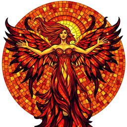 A radiant female figure with arms outstretched, enveloped in swirling flames that elegantly form the magnificent wings of a phoenix