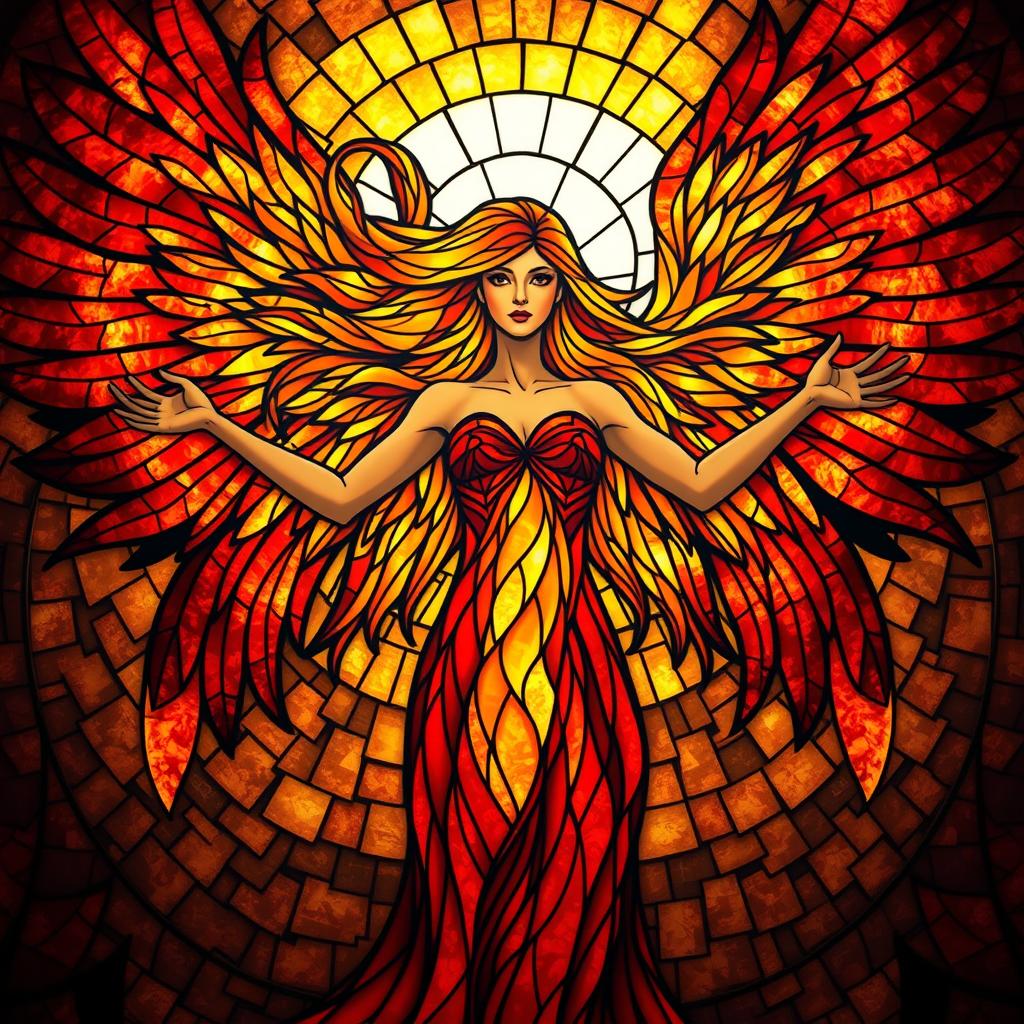 A radiant female figure with arms outstretched, enveloped in swirling flames that elegantly form the magnificent wings of a phoenix