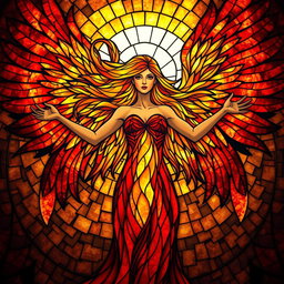 A radiant female figure with arms outstretched, enveloped in swirling flames that elegantly form the magnificent wings of a phoenix