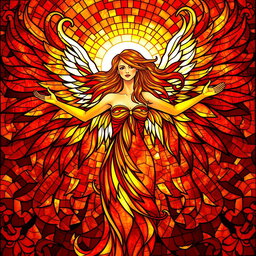 A radiant female figure with arms outstretched, enveloped in swirling flames that elegantly form the magnificent wings of a phoenix