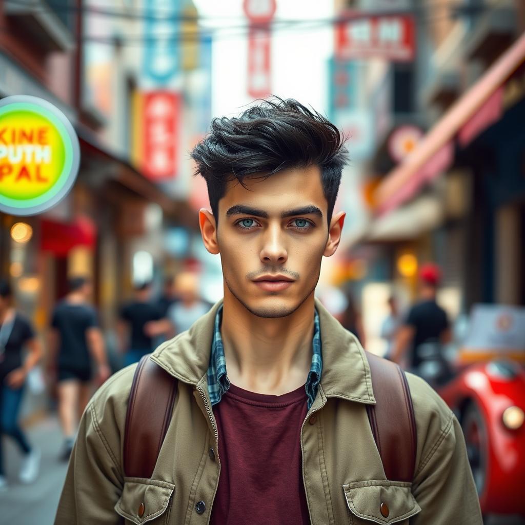 A full-body portrait of a man with beautiful short black hair and striking rare blue eyes, dressed in stylish casual clothing