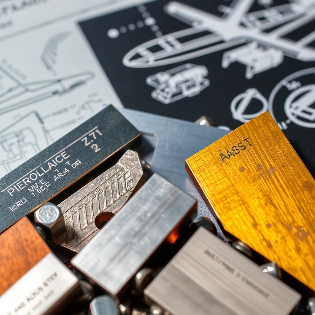 A detailed close-up photo showcasing a collection of aluminum and titanium alloys used in aerospace technology