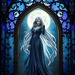 A mystical sorceress standing gracefully within an ornate stained glass archway, illuminated by the soft, glowing light of a full moon