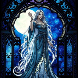 A mystical sorceress standing gracefully within an ornate stained glass archway, illuminated by the soft, glowing light of a full moon