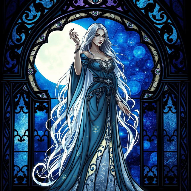 A mystical sorceress standing gracefully within an ornate stained glass archway, illuminated by the soft, glowing light of a full moon