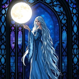 A mystical sorceress standing gracefully within an ornate stained glass archway, illuminated by the soft, glowing light of a full moon