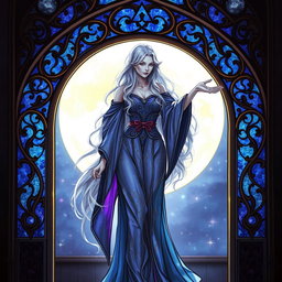 A mystical sorceress standing gracefully within an ornate stained glass archway, illuminated by the soft, glowing light of a full moon