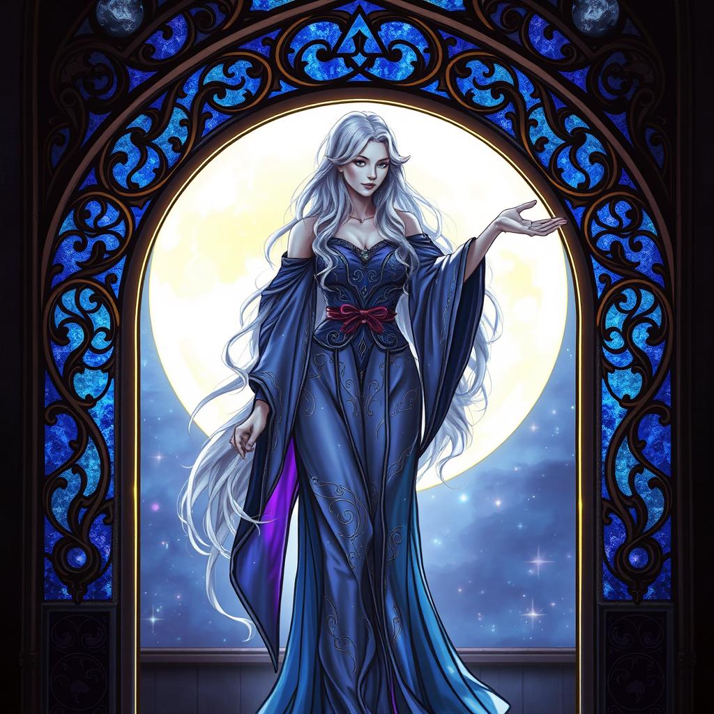 A mystical sorceress standing gracefully within an ornate stained glass archway, illuminated by the soft, glowing light of a full moon