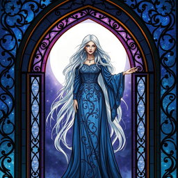A mystical sorceress standing gracefully within an ornate stained glass archway, beautifully illuminated by the soft, glowing light of a full moon