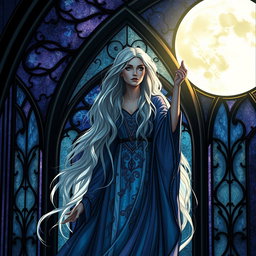 A mystical sorceress standing gracefully within an ornate stained glass archway, beautifully illuminated by the soft, glowing light of a full moon