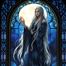 A mystical sorceress standing gracefully within an ornate stained glass archway, beautifully illuminated by the soft, glowing light of a full moon