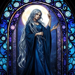A mystical sorceress standing gracefully within an ornate stained glass archway, beautifully illuminated by the soft, glowing light of a full moon