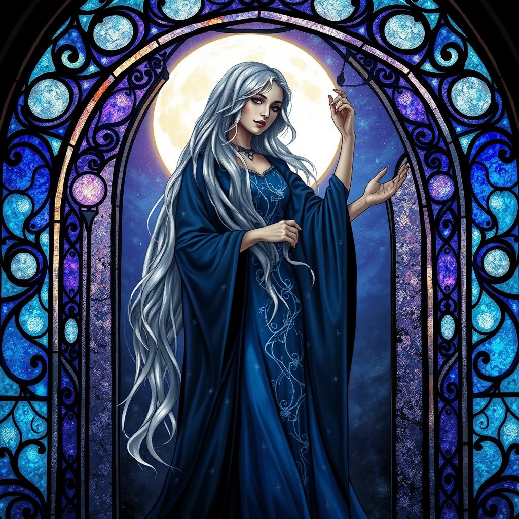 A mystical sorceress standing gracefully within an ornate stained glass archway, beautifully illuminated by the soft, glowing light of a full moon