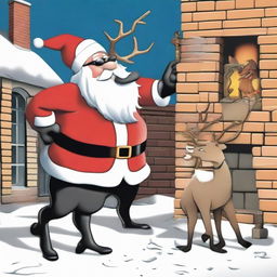 A humorous scene of a tipsy Santa Claus clumsily exiting a chimney, his reindeer equipped with men in black style memory erasers and wearing sunglasses. The reindeer are standing upright, casually smoking as an annoyed parent yells about the noise in the background.