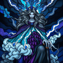 A fierce storm goddess adorned with a flowing cape made of stunning stained glass lightning bolts and swirling clouds, exuding power and majesty