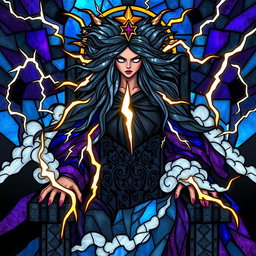 A fierce storm goddess adorned with a flowing cape made of stunning stained glass lightning bolts and swirling clouds, exuding power and majesty