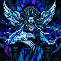A fierce storm goddess adorned with a flowing cape made of stunning stained glass lightning bolts and swirling clouds, exuding power and majesty