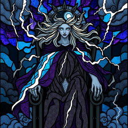 A fierce storm goddess adorned with a flowing cape made of stunning stained glass lightning bolts and swirling clouds, exuding power and majesty