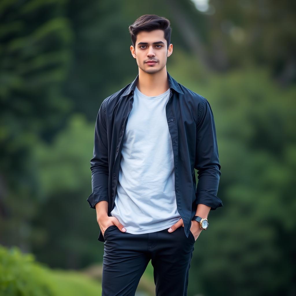 A full body portrait of a tall man with beautiful short black hair and rare blue eyes