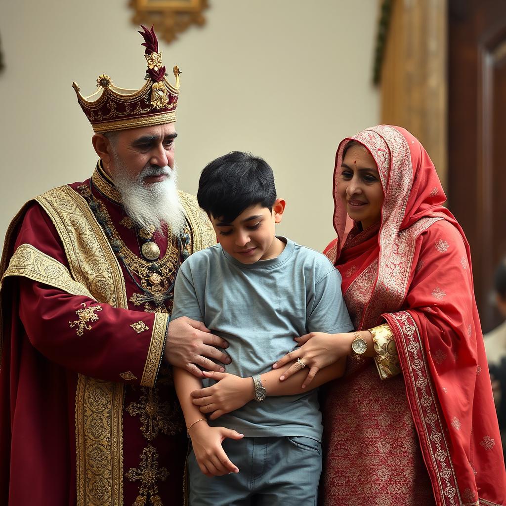 An Iranian king and queen standing together, embracing their 27-year-old son who is dressed in casual clothes