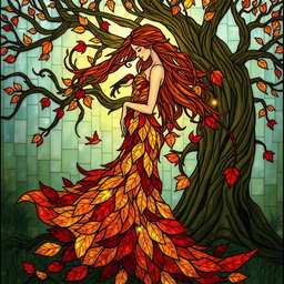A serene forest spirit gracefully standing amidst nature, adorned in a stunning gown made of interwoven stained glass leaves in rich shades of amber, deep red, and gold