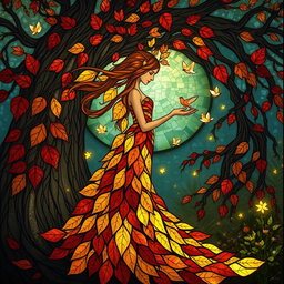 A serene forest spirit gracefully standing amidst nature, adorned in a stunning gown made of interwoven stained glass leaves in rich shades of amber, deep red, and gold