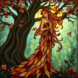 A serene forest spirit gracefully standing amidst nature, adorned in a stunning gown made of interwoven stained glass leaves in rich shades of amber, deep red, and gold