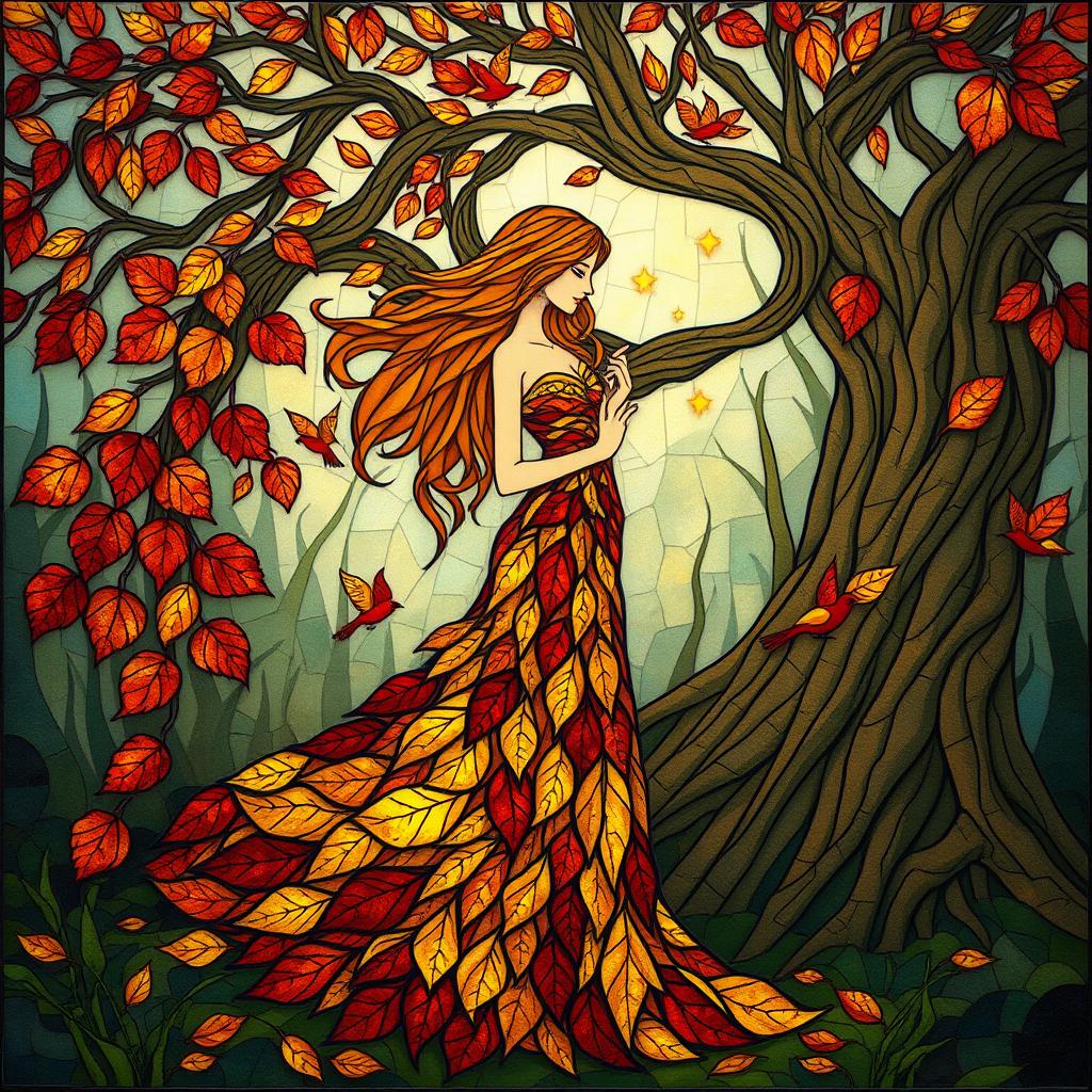 A serene forest spirit gracefully standing amidst nature, adorned in a stunning gown made of interwoven stained glass leaves in rich shades of amber, deep red, and gold