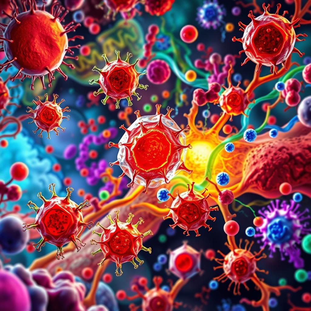 A detailed and vibrant illustration of Mesenchymal Stem Cells (MSCs) interacting within the Tumor Microenvironment (TME)
