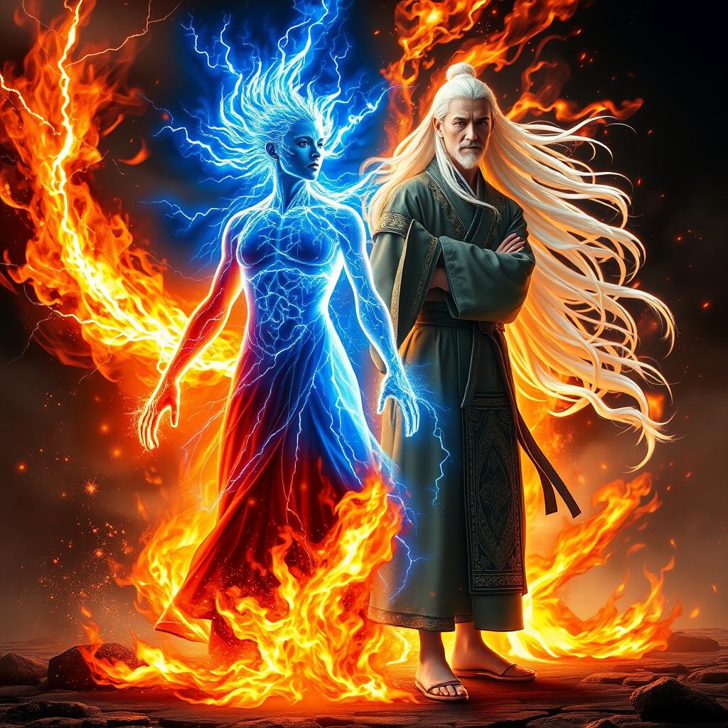 A stunning celestial being in human form, one half infused with vibrant blue lightning and the other half engulfed in fiery flames, creating a mesmerizing visual contrast