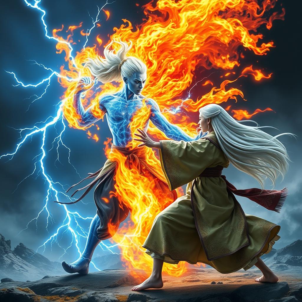 A celestial being in human form, with a body that is half merged with brilliant blue lightning and half engulfed in vibrant flames