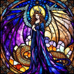 A divine woman elegantly depicted with a majestic dragon curled around her, their figures beautifully woven into an intricate stained glass design