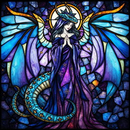 A divine woman elegantly depicted with a majestic dragon curled around her, their figures beautifully woven into an intricate stained glass design