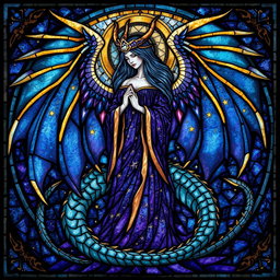 A divine woman elegantly depicted with a majestic dragon curled around her, their figures beautifully woven into an intricate stained glass design
