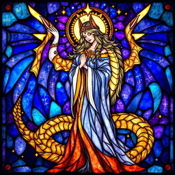 A divine woman elegantly depicted with a majestic dragon curled around her, their figures beautifully woven into an intricate stained glass design