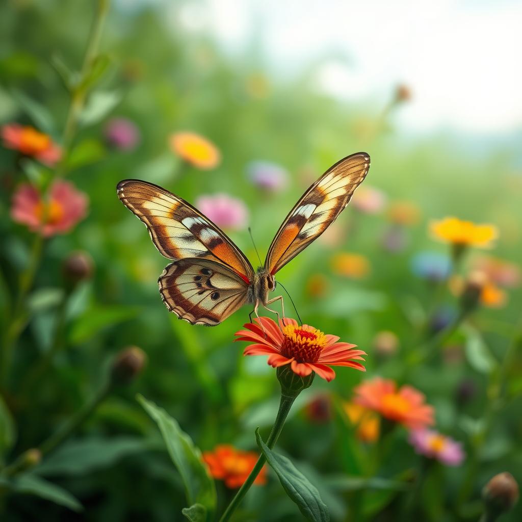 A realistic and beautiful butterfly resting on a vibrant flower in a lush green natural environment