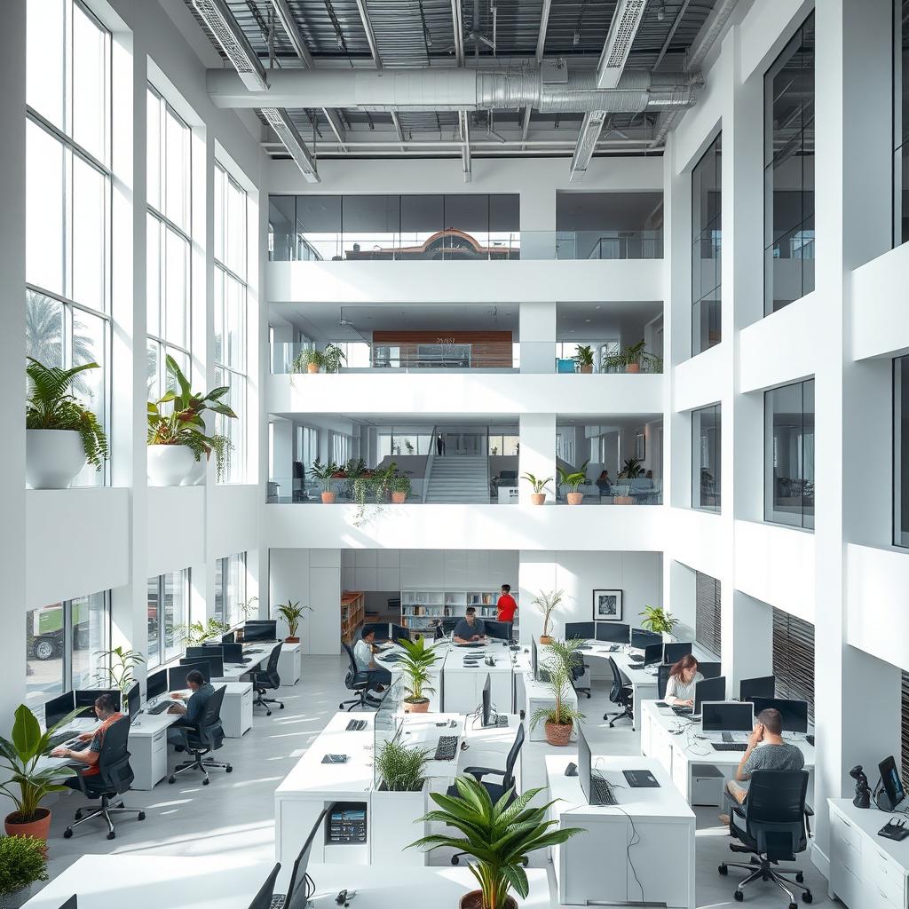 A modern white office interior located in a multistoried building in India