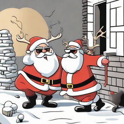 A humorous scene of a tipsy Santa Claus clumsily exiting a chimney, his reindeer equipped with men in black style memory erasers and wearing sunglasses. The reindeer are standing upright, casually smoking as an annoyed parent yells about the noise in the background.