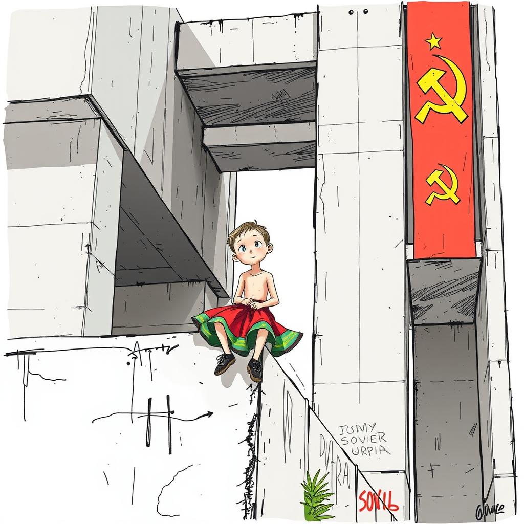A boy wearing a colorful skirt sits casually on the edge of a large Soviet-designed brutalist architectural structure, which features angular lines, large concrete forms, and a sense of starkness