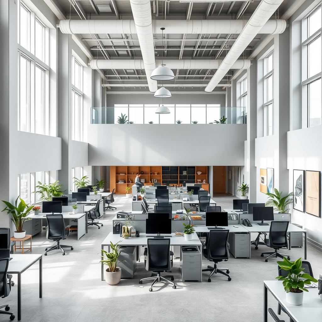 A modern grey office interior located in China, featuring a spacious layout that includes a stylish mezzanine