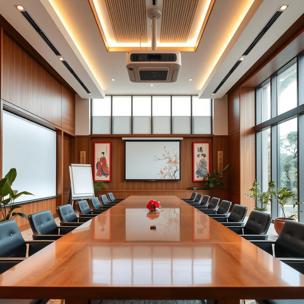 A modern presentation room interior in China, featuring elegant wooden accents and large windows that allow natural light to flood the space